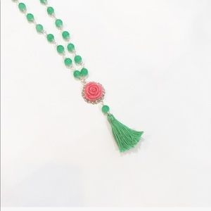 GREEN & PINK ROSE TASSEL NECKLACE